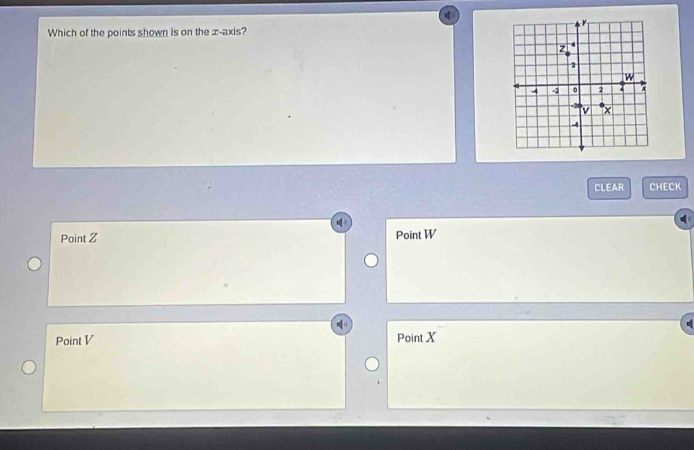 Which of the points shown is on the x-axis?
CLEAR CHECK
Point Z Point W
Point V
Point X