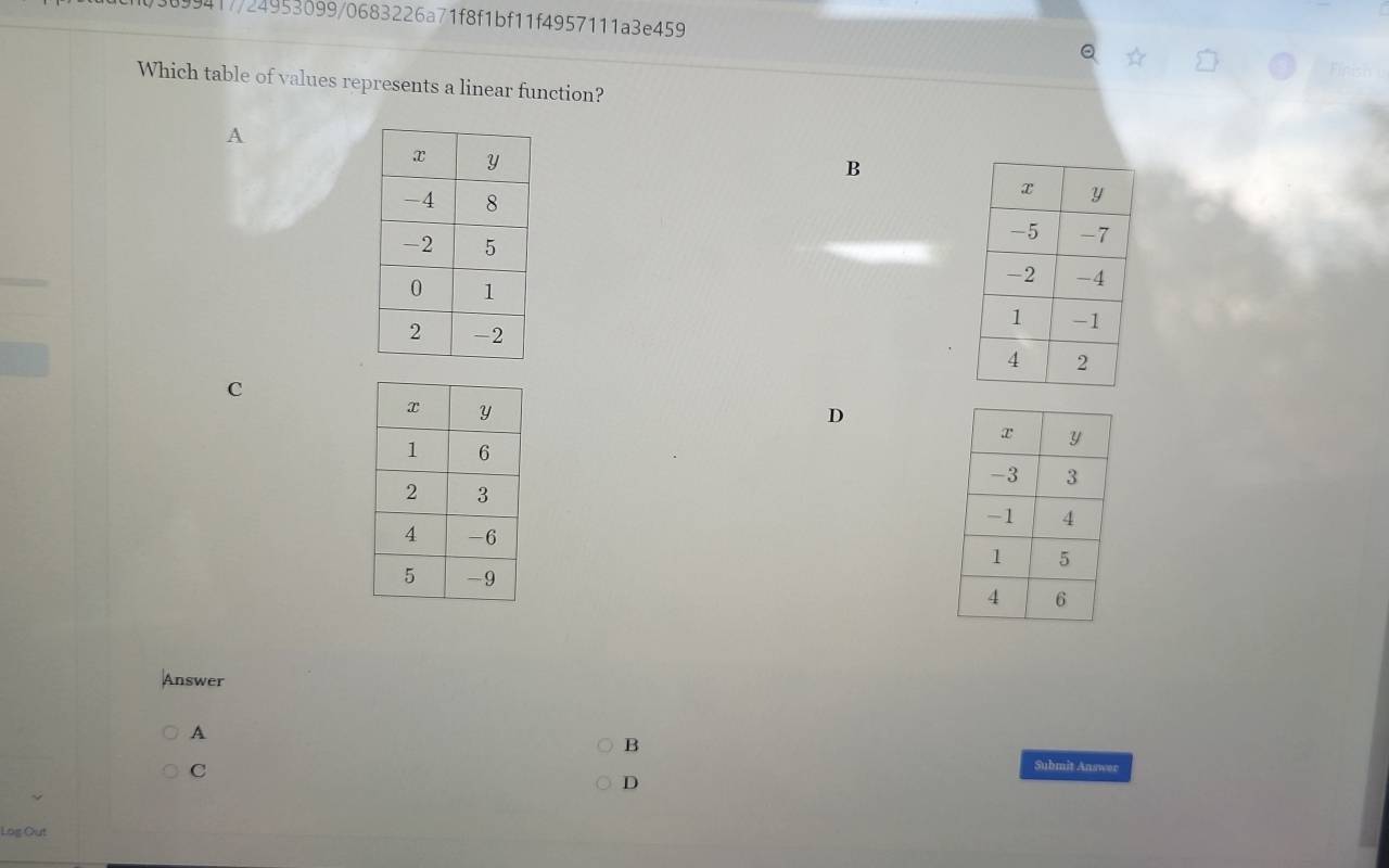 1)3699417/24953099/0683226a71f8f1bf11f4957111a3e459 
Which table of values represents a linear function? 
A 
B 

C 
D 
Answer 
A 
B 
C 
Submit Answer 
D 
Log Out