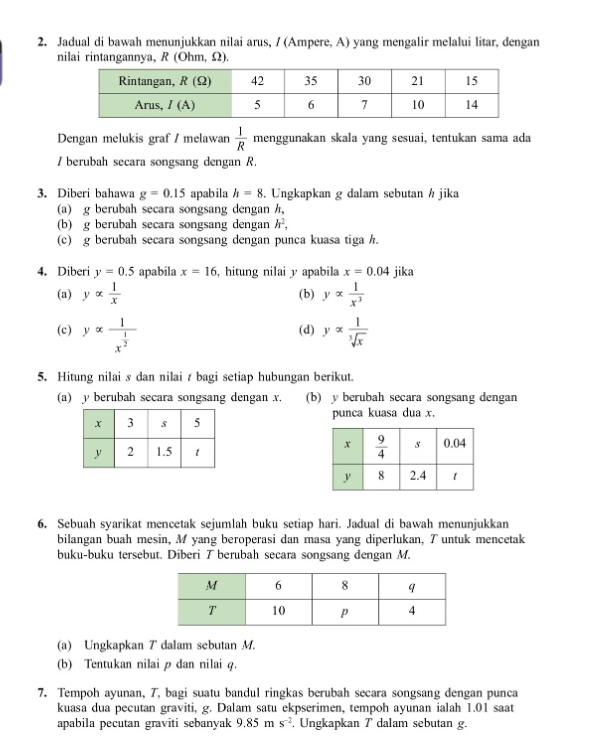 Jadual di bawah menunjukkan nilai arus, / (Ampere, A) yang mengalir melalui litar, dengan
nilai rintangannya, R (Ohm, Ω).
Dengan melukis graf / melawan  1/R  menggunakan skala yang sesuai, tentukan sama ada
/ berubah secara songsang dengan R.
3. Diberi bahawa g=0.15 apabila h=8. Ungkapkan g dalam sebutan h jika
(a) g berubah secara songsang dengan h,
(b) g berubah secara songsang dengan h^2,
(c) g berubah secara songsang dengan punca kuasa tiga h.
4. Diberi y=0.5 apabila x=16 , hitung nilai y apabila x=0.04 jika
(a) yalpha  1/x  (b) yalpha  1/x^3 
(c) yalpha frac 1x^(frac 1)2 yalpha  1/sqrt[3](x) 
(d)
5. Hitung nilai s dan nilai / bagi setiap hubungan berikut.
(a) y berubah secara songsang dengan x. (b) y berubah secara songsang dengan
punca kuasa dua x.
 
6. Sebuah syarikat mencetak sejumlah buku setiap hari. Jadual di bawah menunjukkan
bilangan buah mesin, M yang beroperasi dan masa yang diperlukan, T untuk mencetak
buku-buku tersebut. Diberi T berubah secara songsang dengan M.
(a) Ungkapkan 7 dalam sebutan M.
(b) Tentukan nilaip dan nilai q.
7. Tempoh ayunan, 7, bagi suatu bandul ringkas berubah secara songsang dengan punca
kuasa dua pecutan graviti, g. Dalam satu ekpserimen, tempoh ayunan ialah 1.01 saat
apabila pecutan graviti sebanyak 9.85ms^(-2) , Ungkapkan T dalam sebutan g.