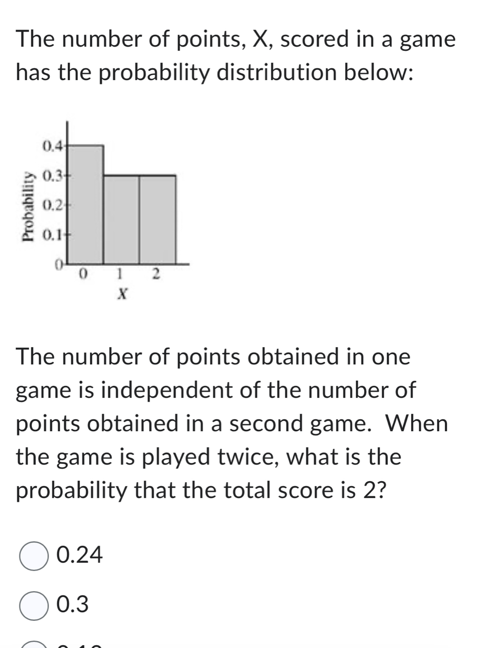 The number of points, X, scored in a game
has the probability distribution below:
The number of points obtained in one
game is independent of the number of
points obtained in a second game. When
the game is played twice, what is the
probability that the total score is 2?
0.24
0.3