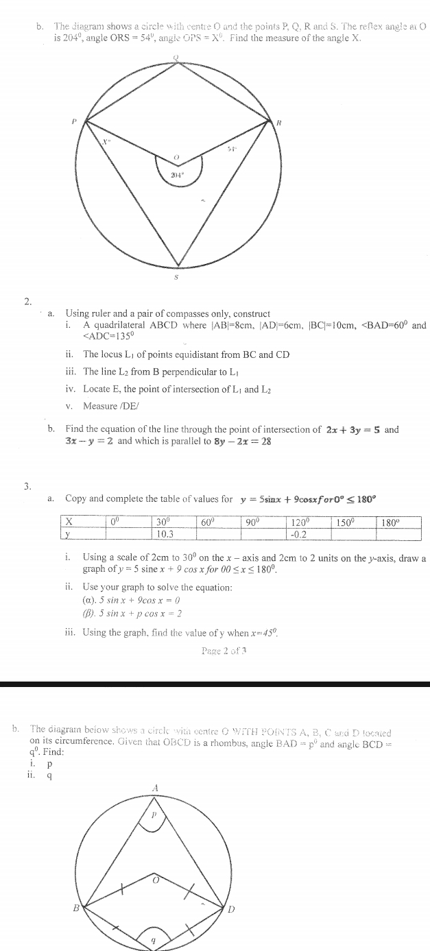 The diagram shows a circle with centre O and the points P, Q, R and S. The reflex angle at O
is204° , angle ORS=54° ', angle OPS=X°. Find the measure of the angle X.
2.
a. Using ruler and a pair of compasses only, construct
i. A quadrilateral ABCD where |AB|=8cm,|AD|=6cm,|BC|=10cm, and

ii. The locus L1 of points equidistant from BC and CD
iii. The line L2 from B perpendicular to L_1
iv. Locate E, the point of intersection of L_1 and L_2
v. Measure /DE/
b. Find the equation of the line through the point of intersection of 2x+3y=5 and
3x-y=2 and which is parallel to 8y-2x=28
3.
a. Copy and complete the table of values for y=5sin x+9cos Y for0°≤ 180°
i. Using a scale of 2cm to 30° on the x - axis and 2cm to 2 units on the y-axis, draw a
graph of y=5 si ex+9 osxfor00≤ x≤ 180^0.
ii. Use your graph to solve the equation:
(a).5s nx+9 cos x=0
(β). 5 si x+p cos x=2
iii. Using the graph, find the value of y when x=45°.
Page 2 of
b. The diagram below shows a circle with centre O WITH POINTS A, B, C and D located
on its circumference. Given that OBCD is a rhombus, angle BAD=p^0 and angle BCD=
q^0. Find:
i. p
ii. q