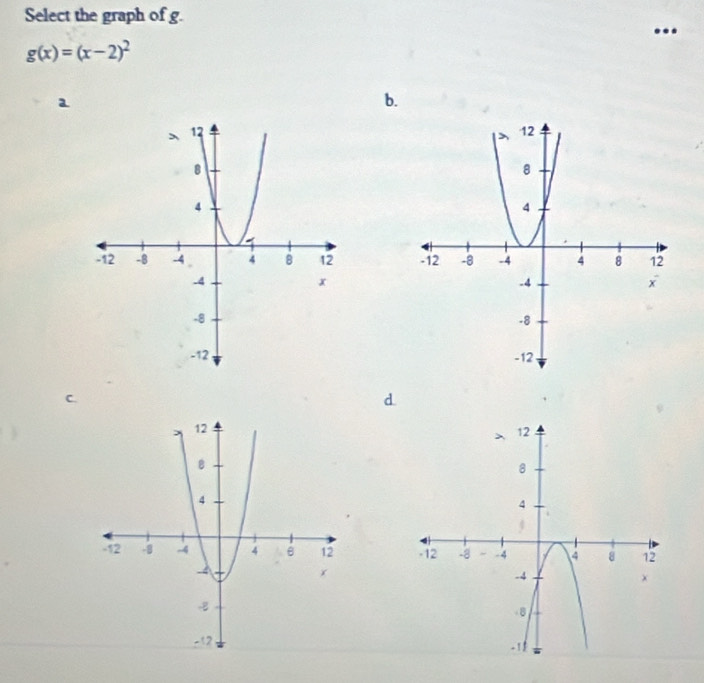 Select the graph of g.
g(x)=(x-2)^2
a 
b. 


d