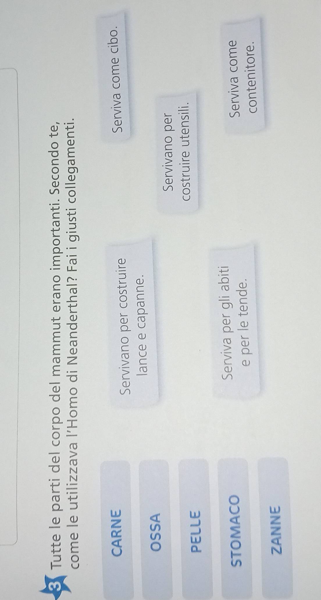 Tutte le parti del corpo del mammut erano importanti. Secondo te, 
come le utilizzava l’Homo di Neanderthal? Fai i giusti collegamenti. 
CARNE Serviva come cibo. 
Servivano per costruire 
lance e capanne. 
OSSA 
Servivano per 
costruire utensili. 
PELLE 
STOMACO Serviva per gli abiti 
Serviva come 
e per le tende. 
contenitore. 
ZANNE
