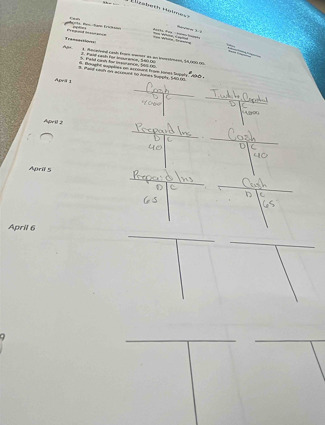 izabeth olme 
Cash 
cts. Rec.-Sam Erickson 
ies 
Review 2-2 
Prepaid Insurance 
Accts, Pay. --Jones Supply 
Tim White, Capital 
Transactions: 
Tim White, Drawing 

Apr 1. Received cash from owner as an investment, $4,000.00. 
2. Paid cash for insurance, $40.00
5. Paid cash for insurance, $65.00. 
6. Bought supplies on account from Jones Supply 70
9. Paid cash on account to Jones Supply, $40.00. 
April 1 
_ 
_ 
April 2 
_ 
_ 
_ 
_ 
April 5 
_ 
_ 
_ 
_ 
April 6 
9 
_ 
__