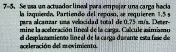 7-5. Se usa un actuador lineal para empujar una carga hacia 
la izquierda. Partiendo del reposo, se requieren 1.5 s
para alcanzar una velocidad total de 0.75 m/s. Deter- 
mine la aceleración lineal de la carga. Calcule asimismo 
el desplazamiento lineal de la carga durante esta fase de 
aceleración del movimiento.