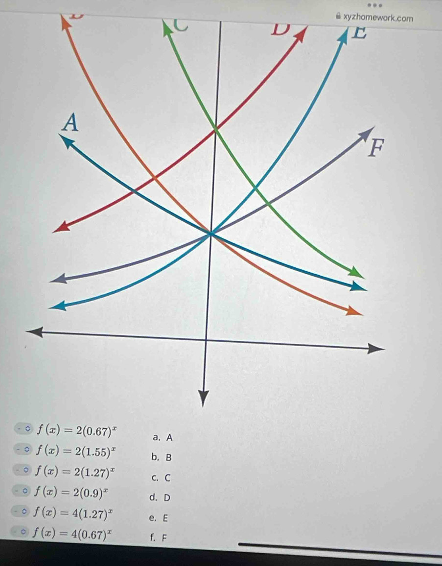 xyzhomework.com
。 f(x)=2(1.55)^x b. B
f(x)=2(1.27)^x c. C
。 f(x)=2(0.9)^x d. D
。 f(x)=4(1.27)^x e. E
f(x)=4(0.67)^x f. F