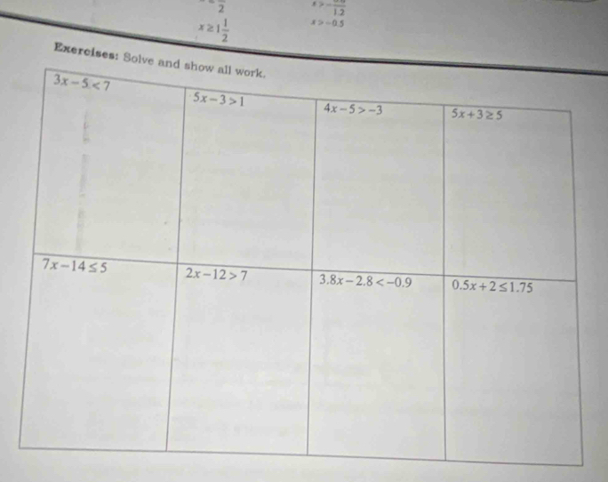 2 -frac 1.2
x≥ 1 1/2  x>-0.5
Exercises: S