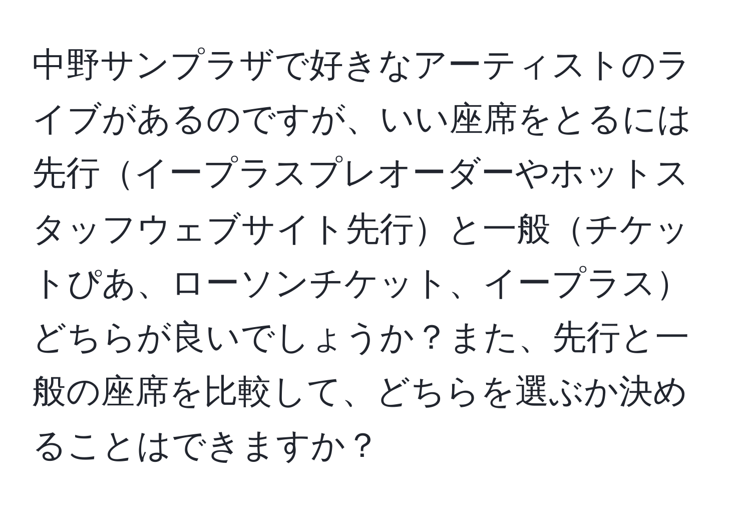 中野サンプラザで好きなアーティストのライブがあるのですが、いい座席をとるには先行イープラスプレオーダーやホットスタッフウェブサイト先行と一般チケットぴあ、ローソンチケット、イープラスどちらが良いでしょうか？また、先行と一般の座席を比較して、どちらを選ぶか決めることはできますか？