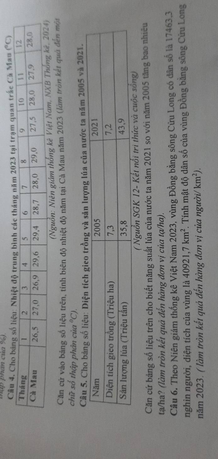mập phan của %). 
Câu 4an trấc Cà Mau (^circ C)
(Nguồn: Niên giám thống kê 
Căn cứ vào bảng số liệu trên, tính biên độ nhiệt độ năm tại Cà Mau năm 2023 (làm tròn kết quả đến một 
chữ số thập phân của°C). 
Câu 5. Cho bảnng lúa của nước ta năm 2005 và 2021. 
( Nguồn SGK 12- Kết nổi tri thức và 
Căn cứ bảng số liệu trên cho biết năng suất lúa của nước ta năm 2021 so với năm 2005 tăng bao nhiêu 
tạ/ha? (làm tròn kết quả đến hàng đơn vị của tạ/ha). 
Câu 6. Theo Niên giám thống kê Việt Nam 2023, vùng Đồng bằng sông Cửu Long có dân số là 17463,3 
nghìn người, diện tích của vùng là 40921, 7km^2. Tính mật độ dân số của vùng Đồng bằng sông Cửu Long 
năm 2023. ( làm tròn kết quả đến hàng đơn vị của người/ km^2).