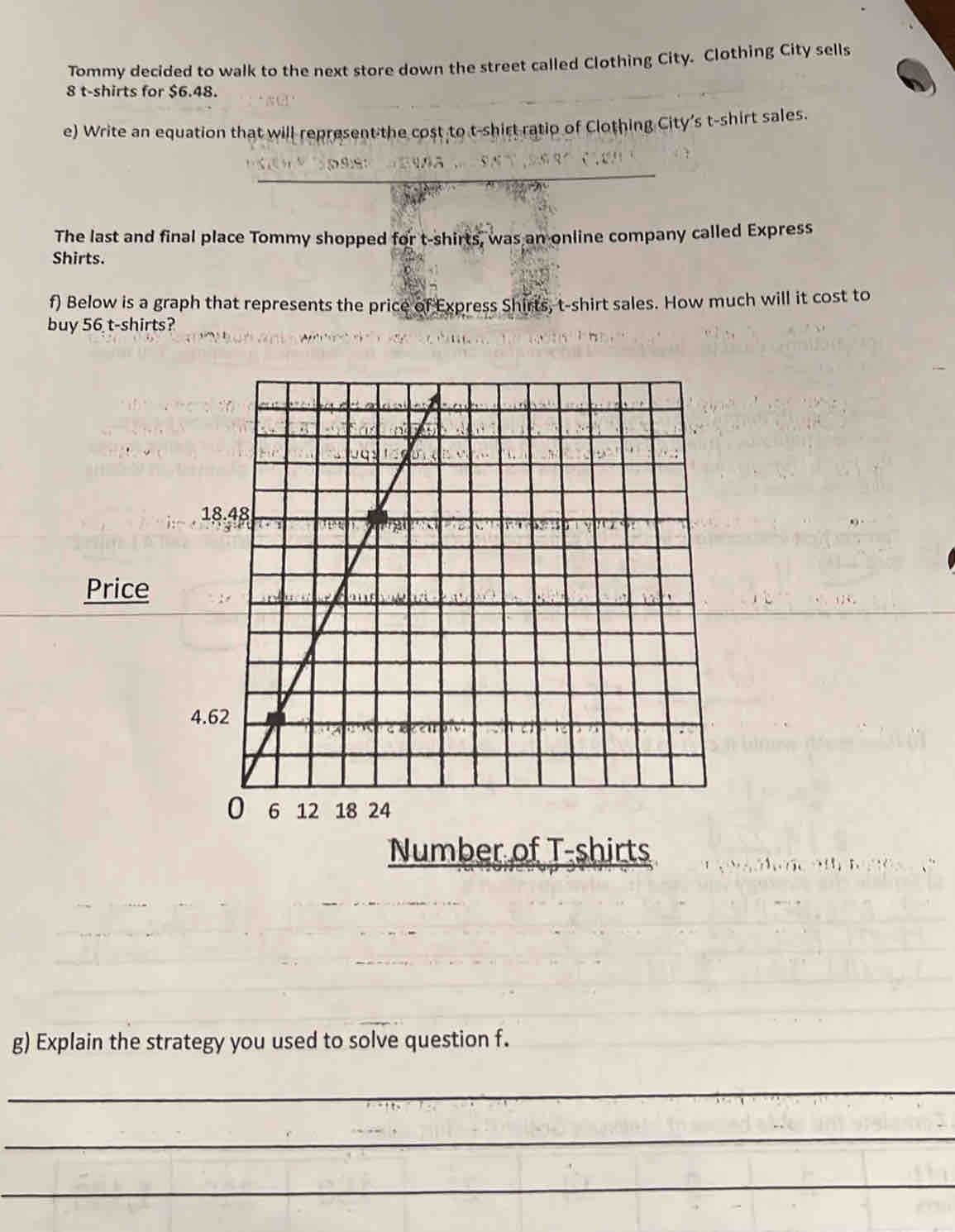 Tommy decided to walk to the next store down the street called Clothing City. Clothing City sells
8 t-shirts for $6.48. 
e) Write an equation that will represent the cost to t-shirt ratio of Clothing City's t-shirt sales. 
The last and final place Tommy shopped for t-shirts, was an online company called Express 
Shirts. 
f) Below is a graph that represents the price of Express Shirts, t-shirt sales. How much will it cost to 
buy 56 t-shirts? 
Price 
Number of T-shirts 
g) Explain the strategy you used to solve question f. 
_ 
_ 
_