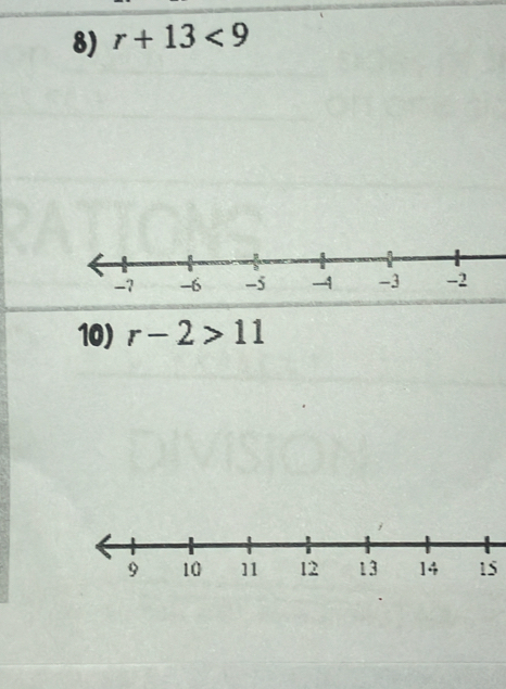 r+13<9</tex>
-7 -6 -5 -4 -3 -2
10) r-2>11
15