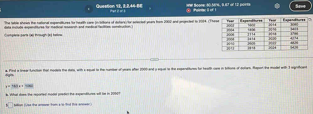 Question 12, 2.2.44-BE HW Score: 80.56%, 9.67 of 12 points Save 
Part 2 of 3 ® Points: 0 of 1 
The table shows the national expenditures for health care (in billions of dollars) for selected years from 2002 and projected to 2024. (Thes 
data include expenditures for medical research and medical facilities construction.) 
Complete parts (a) through (c) below. 
a. Find a linear function that models the data, with x equal to the number of years after 2000 and y equal to the expenditures for health care in billions of dollars. Report the model with 3 significant 
digits
y=163x+1060
b. What does the reported model predict the expenditures will be in 2050? 
billion (Use the answer from a to find this answer.)