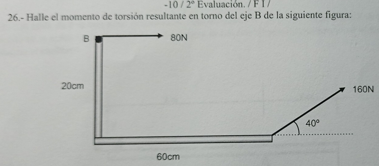 -10/2° Evaluación. / F I /
26.- Halle el momento de torsión resultante en torno del eje B de la siguiente figura: