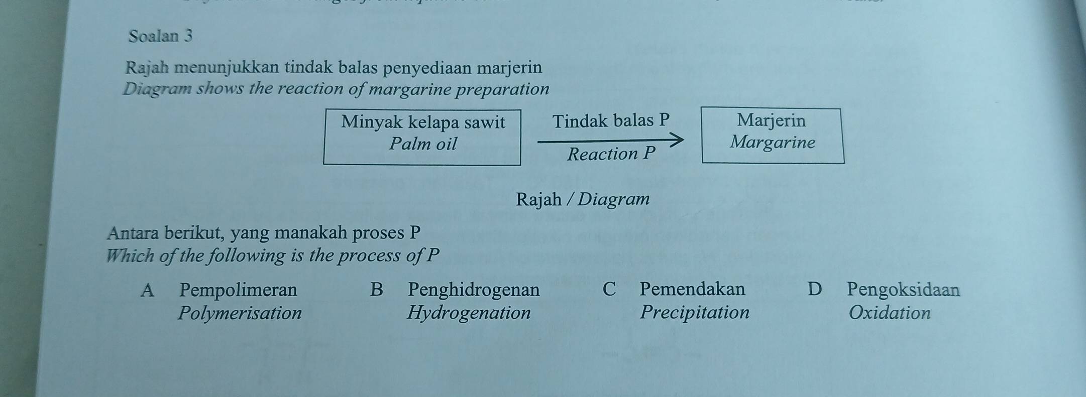 Soalan 3
Rajah menunjukkan tindak balas penyediaan marjerin
Diagram shows the reaction of margarine preparation
Minyak kelapa sawit Tindak balas P Marjerin
Palm oil Margarine
Reaction P
Rajah / Diagram
Antara berikut, yang manakah proses P
Which of the following is the process of P
A Pempolimeran B Penghidrogenan C Pemendakan D Pengoksidaan
Polymerisation Hydrogenation Precipitation Oxidation