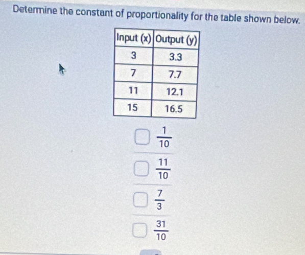 Determine the constant of proportionality for the table shown below.
_ □  1/10 
beginarrayr □ frac  11/10  _  7/3  _  31/10 endarray