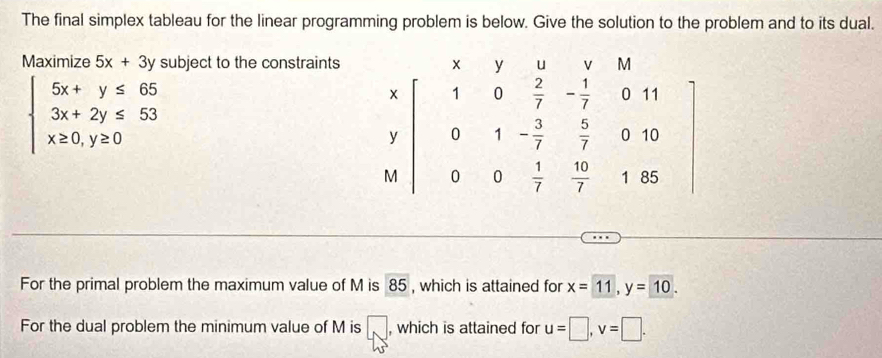 The final simplex tableau for the linear programming problem is below. Give the solution to the problem and to its dual. 
Maximize 5x+3y subject to the constraints y u V M
beginarrayl 5x+y≤ 65 3x+2y≤ 53 x≥ 0,y≥ 0endarray.
x 1 0  2/7  - 1/7  0 11
y 0 1 - 3/7   5/7  0 10
M 0 0  1/7   10/7  1 85
For the primal problem the maximum value of M is 85 , which is attained for x=11, y=10. 
For the dual problem the minimum value of M is □ , which is attained for u=□ , v=□.