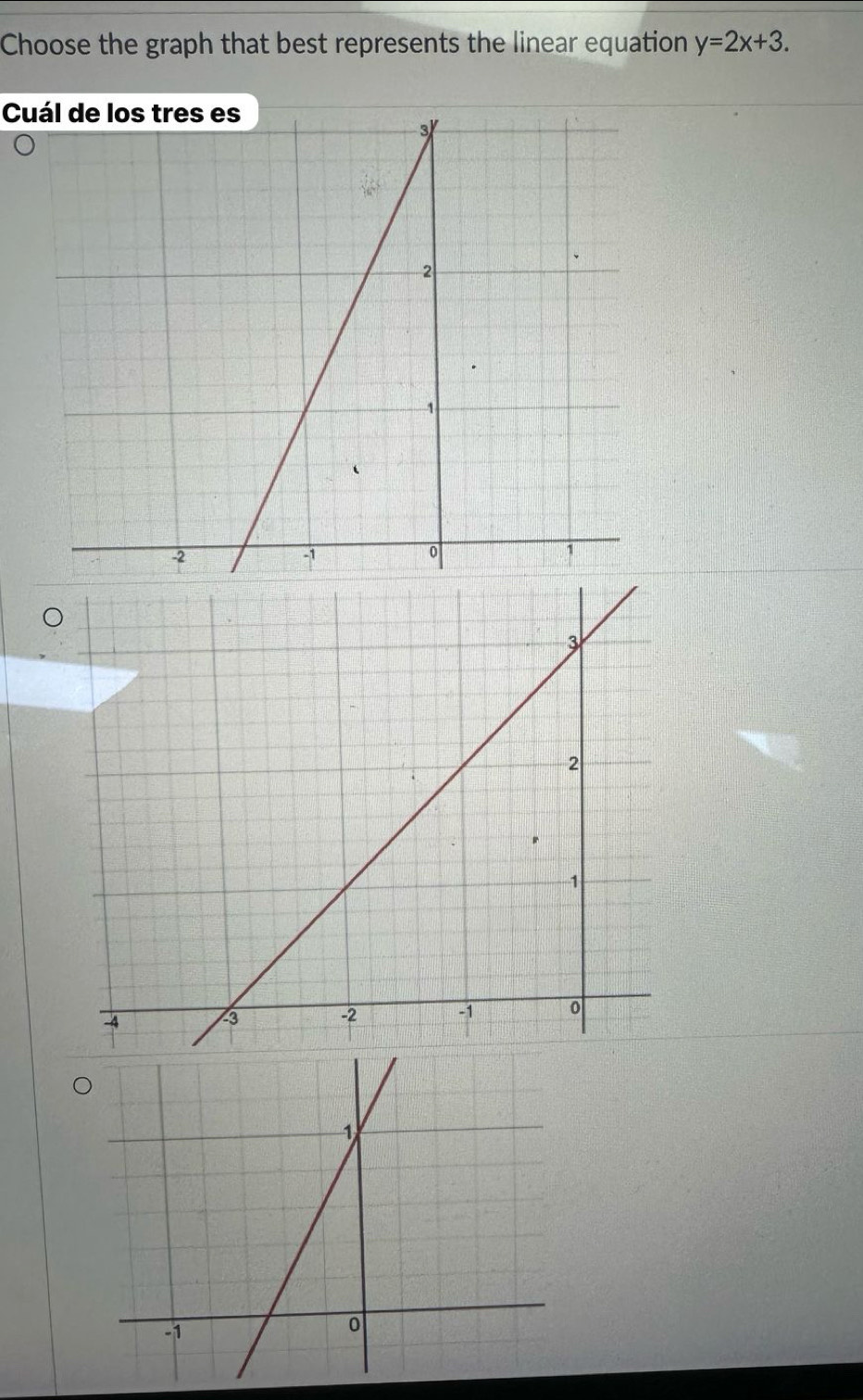 Choose the graph that best represents the linear equation y=2x+3. 
Cuál de los tres es