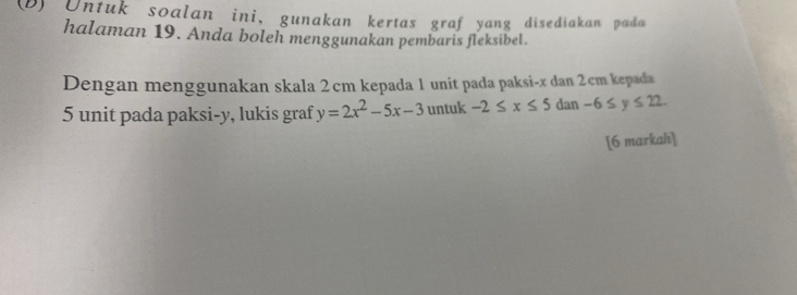 Untuk soalan ini, gunakan kertas graf yang disediakan pada
halaman 19. Anda boleh menggunakan pembaris fleksibel.
Dengan menggunakan skala 2 cm kepada 1 unit pada paksi- x dan 2cm kepada
5 unit pada paksi- y, lukis graf y=2x^2-5x-3 untuk -2≤ x≤ 5dan-6≤ y≤ 22. 
[6 markah]