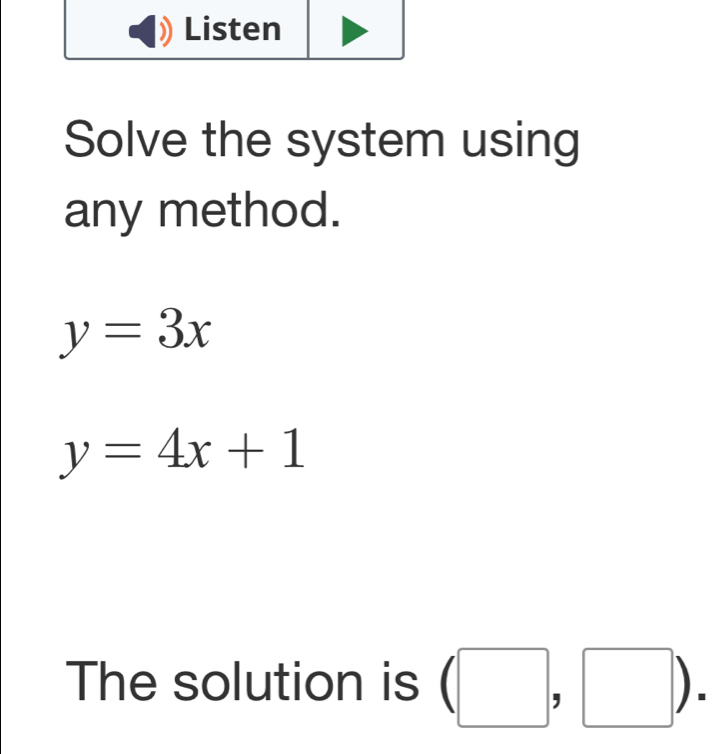 Solve the system using 
any method.
y=3x
y=4x+1
The solution is (□ ,□ ).