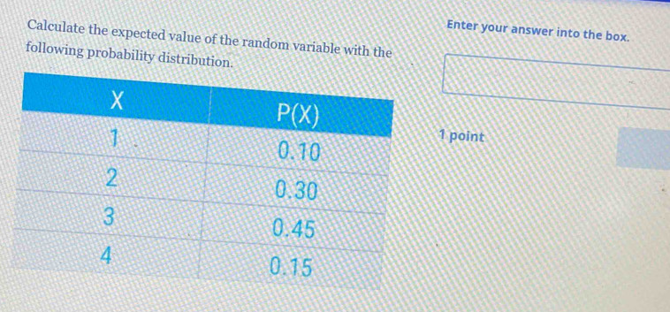 Enter your answer into the box.
Calculate the expected value of the random variable with the
following probability distribution.
point