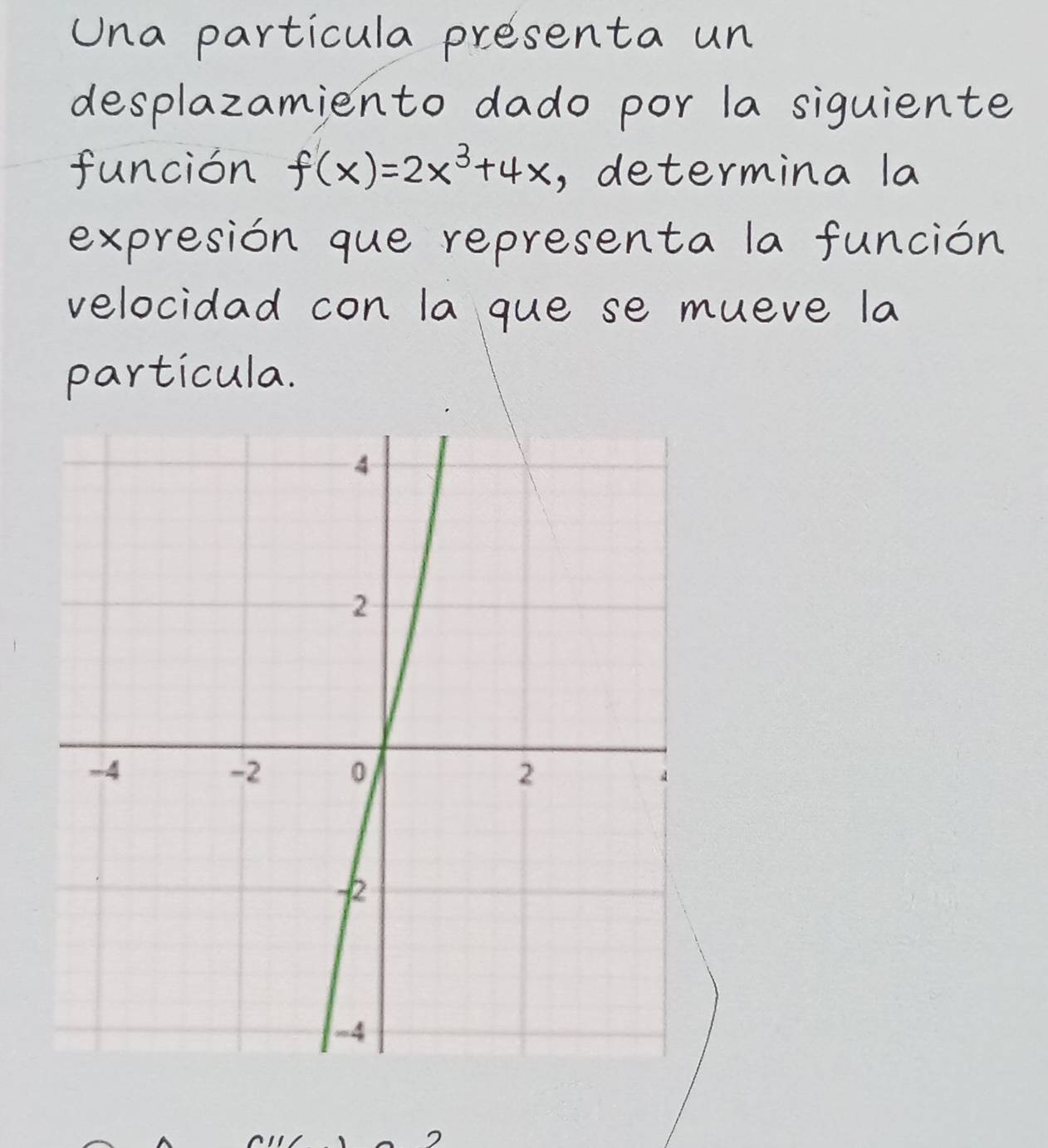 Una particula presenta un 
desplazamiento dado por la siguiente 
funcion f(x)=2x^3+4x , determina la 
expresion que representa la funcion 
velocidad con la gue se mueve la 
particula.