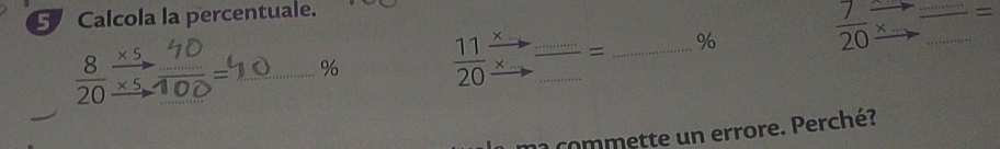 Calcola la percentuale. _
-5100=79_  %  11/20  × ___  7/20 
= % 
_ 
na commette un errore. Perché?