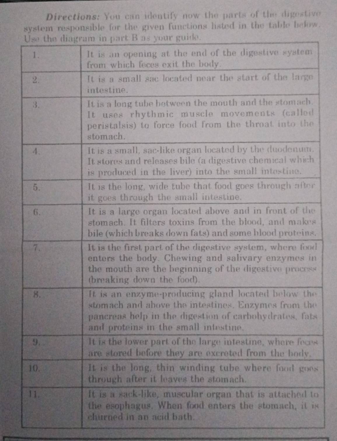 Directions: You can identify now the parts of the digestive 
system responsible for the given functions listed in the table below. 
. 

s 
s 
s 
o 
s