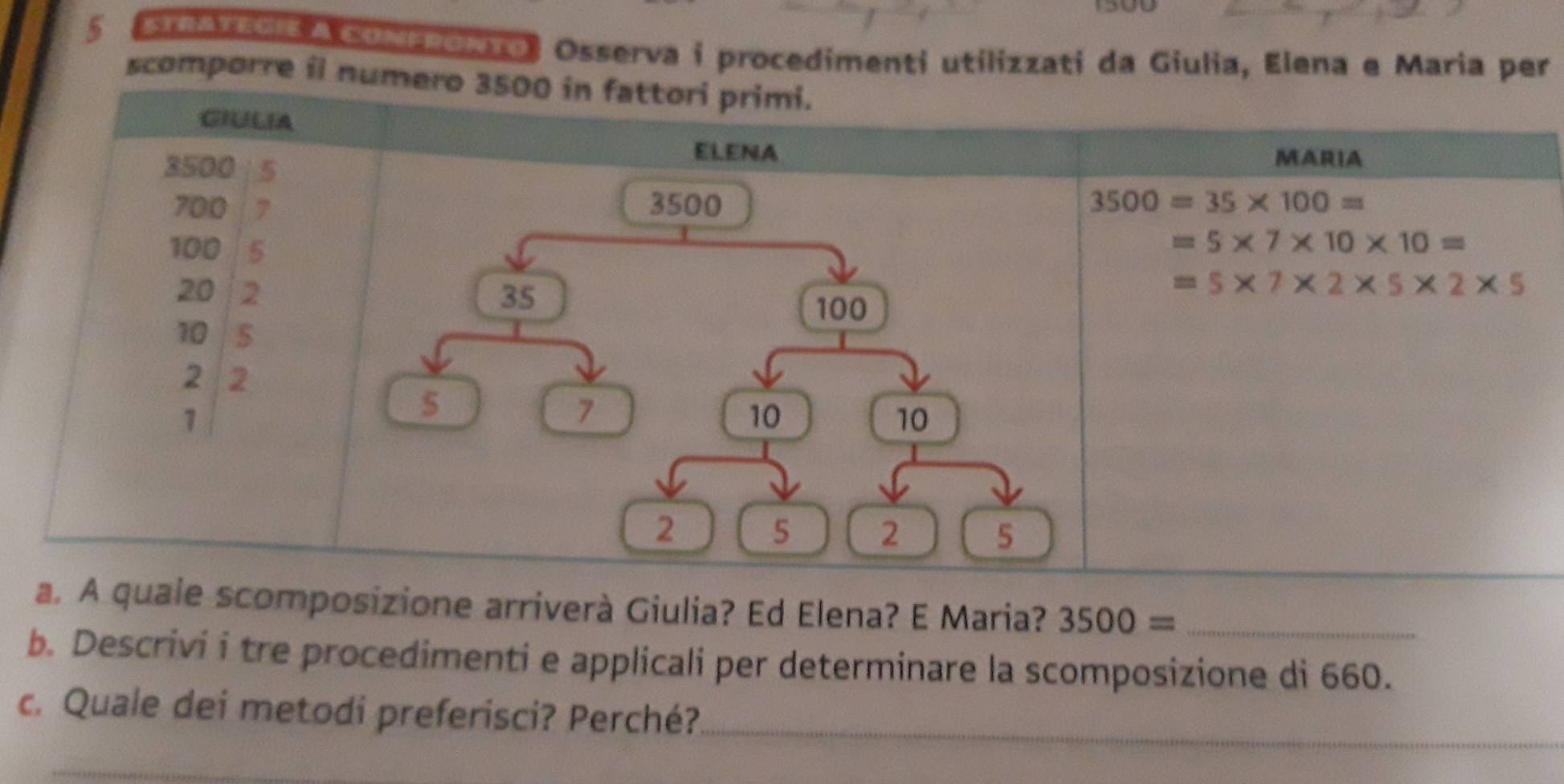 Areexrvia A conreowyo, Osserva i procedimenti utilizzati da Giulia, Elena e Maria per
scomporre il numero 3500 in f
ione arriverà Giulia? Ed Elena? E Maria? 3500= _
b. Descrivi i tre procedimenti e applicali per determinare la scomposizione di 660.
c. Quale dei metodi preferisci? Perché?
_