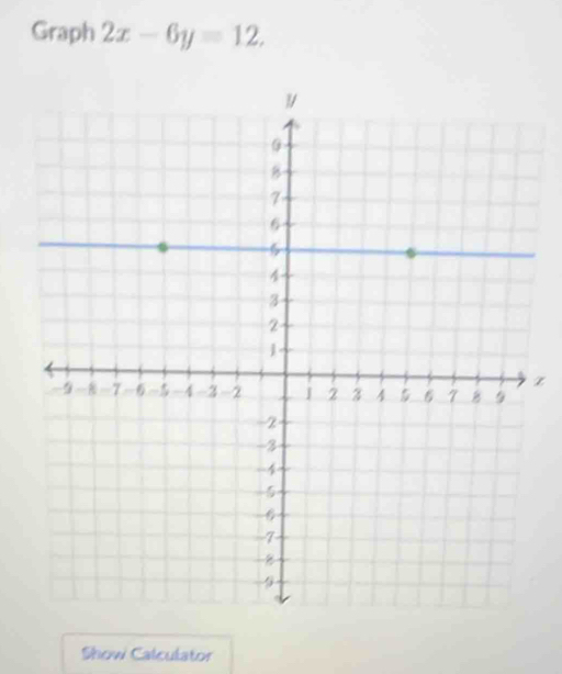 Graph 2x-6y=12. 
z 
Show Calculator