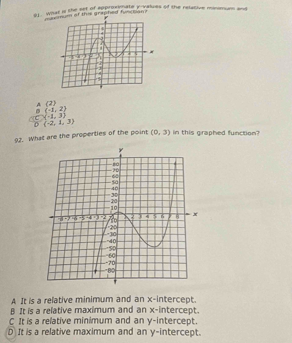 What is the set of approximate y -values of the relative minimum and
maxthis graphed function?
A  2
B  -1,2
C  -1,3
D  -2,1,3
92. What are the properties of the point (0,3) in this graphed function?
A It is a relative minimum and an x-intercept.
B It is a relative maximum and an x-intercept.
C It is a relative minimum and an y-intercept.
D It is a relative maximum and an y-intercept.