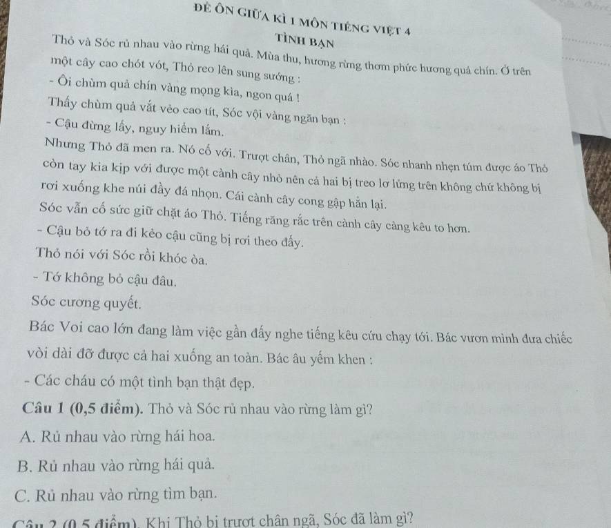 đề ôn giữa kì 1 môn tiếng việt 4
tình bạn
Thỏ và Sóc rủ nhau vào rừng hái quả. Mùa thu, hương rừng thơm phức hương quả chín. Ở trên
một cây cao chót vót, Thỏ reo lên sung sướng :
- Ôi chùm quả chín vàng mọng kìa, ngon quá !
Thấy chùm quả vắt vẻo cao tít, Sóc vội vàng ngăn bạn :
- Cậu đừng lấy, nguy hiểm lắm.
Nhưng Thỏ đã men ra. Nó cố với. Trượt chân, Thỏ ngã nhào. Sóc nhanh nhẹn túm được áo Thỏ
còn tay kia kịp với được một cành cây nhỏ nên cả hai bị treo lơ lửng trên không chứ không bị
rơi xuống khe núi đầy đá nhọn. Cái cành cây cong gập hằn lại.
Sóc vẫn cố sức giữ chặt áo Thỏ. Tiếng răng rắc trên cảnh cây càng kêu to hơn.
- Cậu bỏ tớ ra đi kẻo cậu cũng bị rơi theo đấy.
Thỏ nói với Sóc rồi khóc òa.
- Tớ không bỏ cậu đâu.
Sóc cương quyết.
Bác Voi cao lớn đang làm việc gần đấy nghe tiếng kêu cứu chạy tới. Bác vươn mình đưa chiếc
vòi dài đỡ được cả hai xuống an toàn. Bác âu yếm khen :
- Các cháu có một tình bạn thật đẹp.
Câu 1 (0,5 điểm). Thỏ và Sóc rủ nhau vào rừng làm gì?
A. Rủ nhau vào rừng hái hoa.
B. Rủ nhau vào rừng hái quả.
C. Rủ nhau vào rừng tìm bạn.
Câu 3 (0 5 điểm), Khi Thỏ bị trượt chân ngã, Sóc đã làm gì?