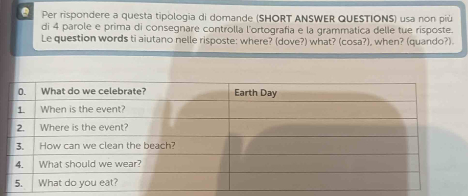 Per rispondere a questa tipologia di domande (SHORT ANSWER QUESTIONS) usa non più 
di 4 parole e prima di consegnare controlla l’ortografia e la grammatica delle tue risposte. 
Le question words ti aiutano nelle risposte: where? (dove?) what? (cosa?), when? (quando?).