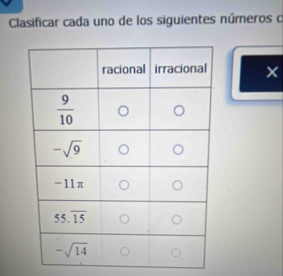 Clasificar cada uno de los siguientes números o