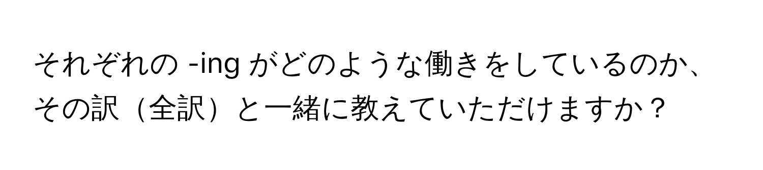 それぞれの -ing がどのような働きをしているのか、その訳全訳と一緒に教えていただけますか？