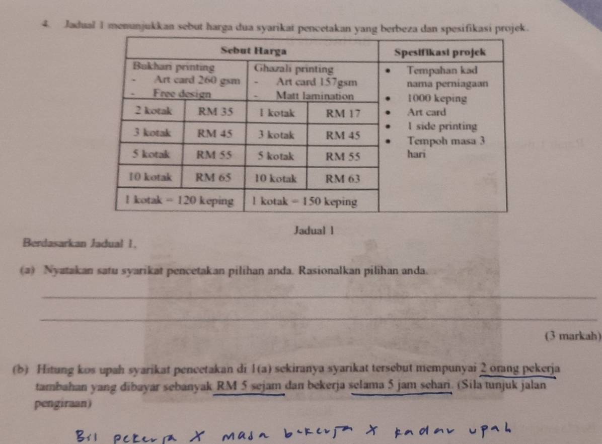 Jadual I menunjukkan sebut harga dua syarikai pencetakan yang berbeza dan spesifikasi projek.
Jadual l
Berdasarkan Jadual 1.
(a) Nyatakan satu syarikat pencetakan pilihan anda. Rasionalkan pilihan anda.
_
_
(3 markah)
(b) Hitung kos upah syarikat pencetakan di 1(a) sekiranya syarikat tersebut mempunyai 2 orang pekerja
tambahan yang dībayár sebanyak RM 5 sejam dan bekerja selama 5 jam schari. (Sila tunjuk jalan
pengiraan)