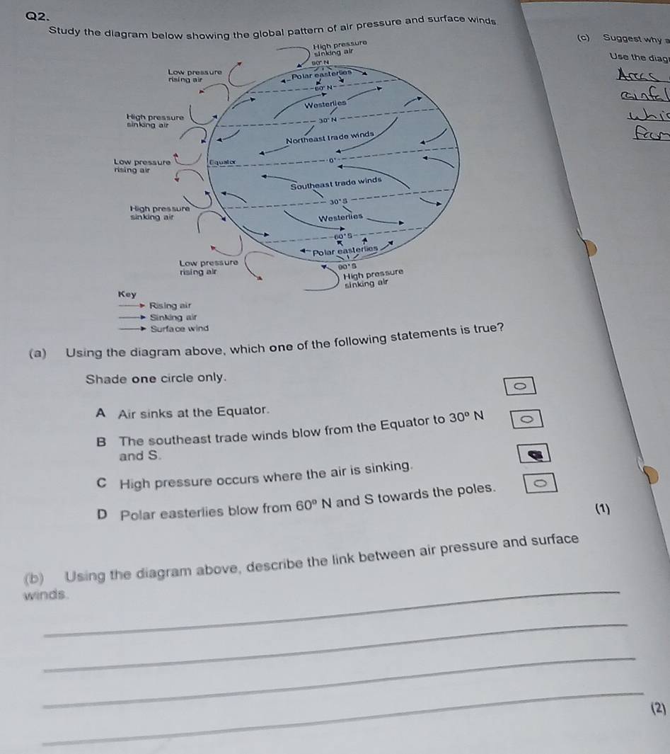 Study the diagglobal pattern of air pressure and surface winds
Q2. (c) Suggest why a
Use the diag
_
_
_
_
Surface wind
(a) Using the diagram above, which one of the following statements is true?
Shade one circle only.
。
A Air sinks at the Equator.
B The southeast trade winds blow from the Equator to 30°N
and S.
C High pressure occurs where the air is sinking.
D Polar easterlies blow from 60°N and S towards the poles.
(1)
_
(b) Using the diagram above, describe the link between air pressure and surface
winds.
_
_
_
(2)