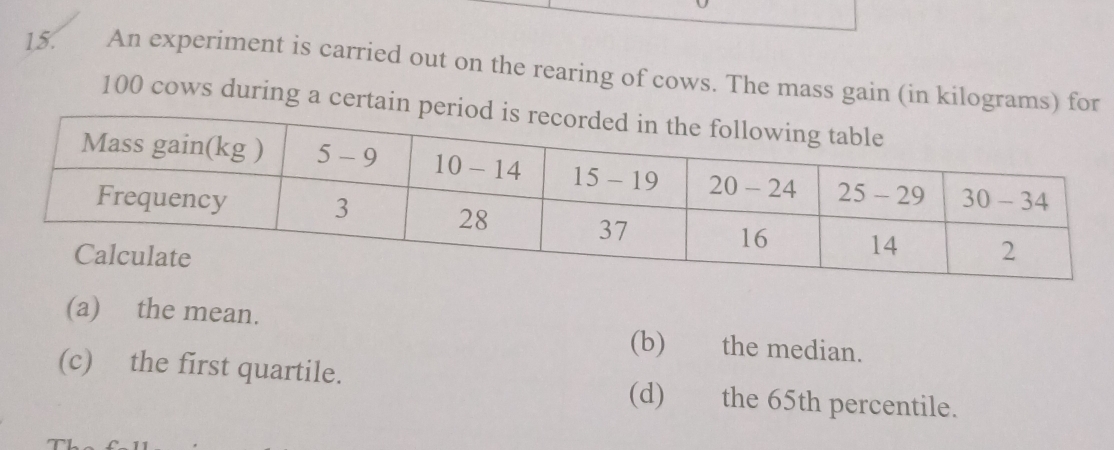 An experiment is carried out on the rearing of cows. The mass gain (in kilog
100 cows during a ce
(a) the mean. (b) the median.
(c) the first quartile. (d) the 65th percentile.