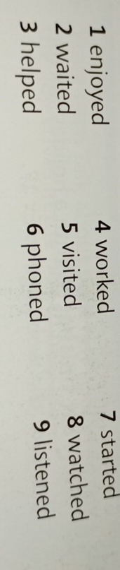 enjoyed 4 worked 7 started
2 waited 5 visited 8 watched
3 helped 6 phoned 9 listened