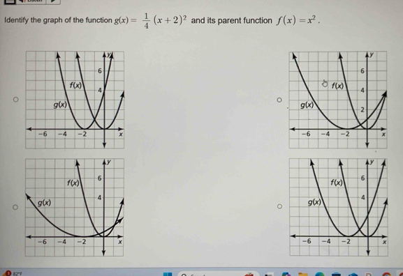 Identify the graph of the function g(x)= 1/4 (x+2)^2 and its parent function f(x)=x^2.

82°F