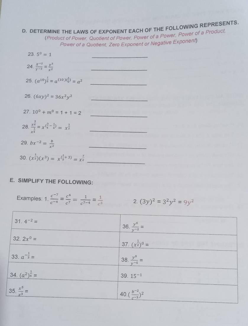 DETERMINE THE LAWS OF EXPONENT EACH OF THE FOLLOWING REPRESENTS.
(Product of Power, Quotient of Power, Power of a Power, Power of a Product,
Power of a Quotient, Zero Exponent or Negative Exponent)
23. 5^0=1
_
24.  (X^(-2))/Y^(-3) = y^3/x^2 
_
25. (a^(10))^ 1/5 =a^((10)(frac 1)5)=a^2
_
_
26. (6xy)^2=36x^2y^2
_
27. 10^0+m^0=1+1=2
28. frac x^(frac 3)4x^(frac 1)4=x^((frac 3)4- 1/4 )=x^(frac 1)2 _
29. bx^(-2)= b/x^2 
_
30. (x^(frac 1)2)(x^3)=x^((frac 1)2+3)=x^(frac 7)2
_
E. SIMPLIFY THE FOLLOWING：
Examples: 1.  (c^(-7))/c^(-4) = c^4/c^7 = 1/c^(7-4) = 1/c^3  2. (3y)^2=3^2y^2=9y^2