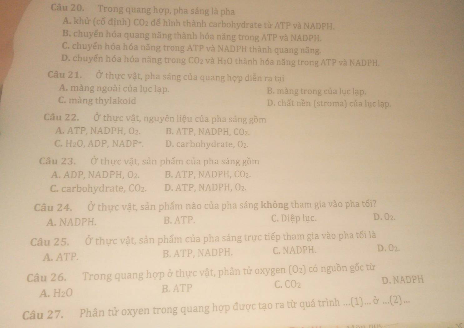 Trong quang hợp, pha sáng là pha
A. khử (cố định) CO_2 để hình thành carbohydrate từ ATP và NADPH.
B. chuyển hóa quang năng thành hóa năng trong ATP và NADPH.
C. chuyển hóa hóa năng trong ATP và NADPH thành quang năng.
D. chuyến hóa hóa năng trong CO_2 và H_2O thành hóa năng trong ATP và NADPH.
Câu 21. Ở thực vật, pha sáng của quang hợp diễn ra tại
A. màng ngoài của lục lạp. B. màng trong của lục lạp.
C. màng thylakoid D. chất nền (stroma) của lục lạp.
Câu 22. Ở thực vật, nguyên liệu của pha sáng gồm
A. ATP, NADPH, O_2. B. ATP, NADPH, CO_2.
C. H_2O , ADP, NADP⁺. D. carbohydrate, O_2.
Câu 23. Ở thực vật, sản phẩm của pha sáng gồm
A. ADP, NADPH, O_2. B. ATP, NADPH, CO_2.
C. carbohydrate, CO_2. D. ATP, NADPH, O_2.
Câu 24. 0° thực vật, sản phẩm nào của pha sáng không tham gia vào pha tối?
A. NADPH. B. ATP. C. Diệp lục. D. O_2,
Câu 25. Ở thực vật, sản phẩm của pha sáng trực tiếp tham gia vào pha tối là
A. ATP. B. ATP, NADPH. C. NADPH. D. O_2.
Câu 26. Trong quang hợp ở thực vật, phân tử oxygen (O_2) có nguồn gốc từ
A. H_2O B. ATP C. CO_2
D.NADPH
Câu 27. Phân tử oxyen trong quang hợp được tạo ra từ quá trình ... (1) delta … (2) …