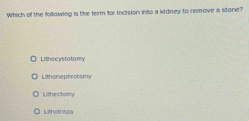 Solved: Which of the following is the term for incision into a kidney ...