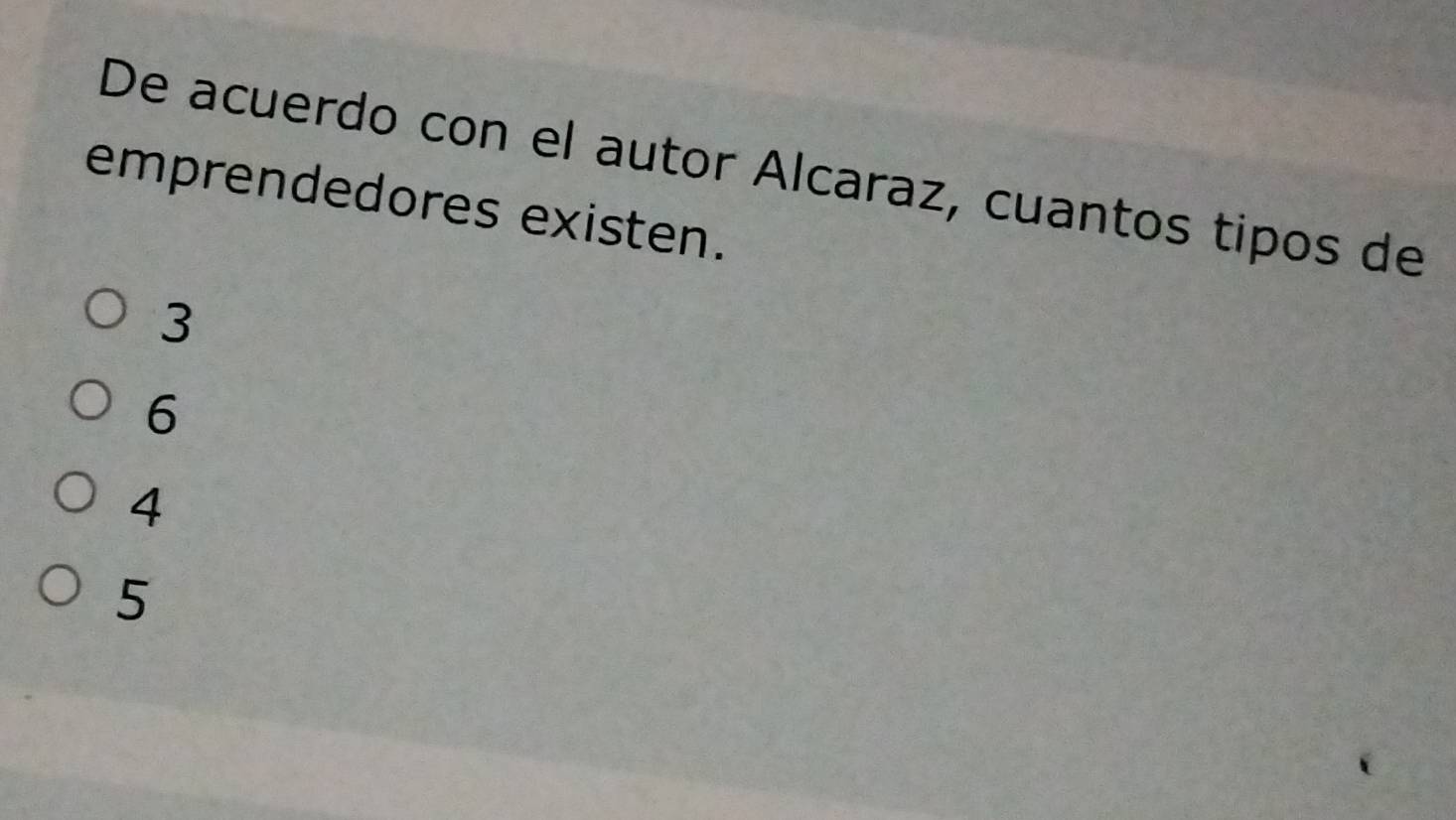 De acuerdo con el autor Alcaraz, cuantos tipos de
emprendedores existen.
3
6
4
5