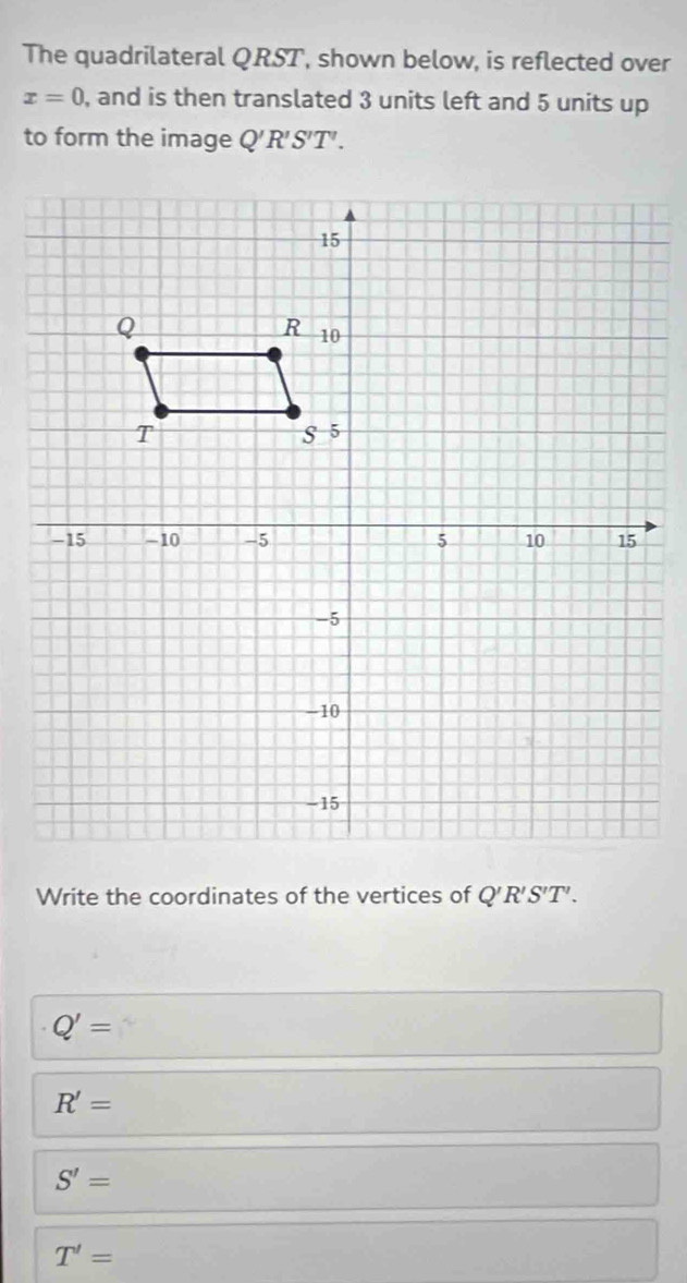 The quadrilateral QRST, shown below, is reflected over
x=0 , and is then translated 3 units left and 5 units up
to form the image Q'R'S'T'. 
Write the coordinates of the vertices of Q'R'S'T'.
Q'=
R'=
S'=
T'=