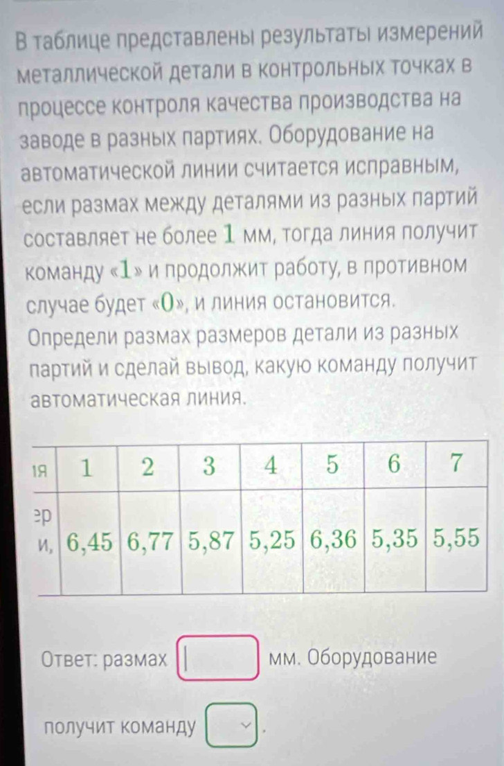 В таблице представлены результать| измерений 
Металлической детали в Κонтрольных Τочках в 
процессе контроля качества лроизводства на 
заводе в разных партиях. Оборудование на 
автоматической линии считается исправным, 
если размах между деталями из разных лартий 
составляет не более 1 мм, Τогда линия получит 
команду «1ッ илродолжΚит работу, в лротивном 
случае будет «О», и линия остановится. 
Определи размах размеров детали из разных 
партий и сделай Βывод, Κакуюо Κоманду лолучит 
автоматическая линия. 
Ответ: размах □ мм. Оборудование 
лолучит Κоманду □.