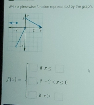 Write a piecewise function represented by the graph.
f(x)=beginarrayl ,t endarray.