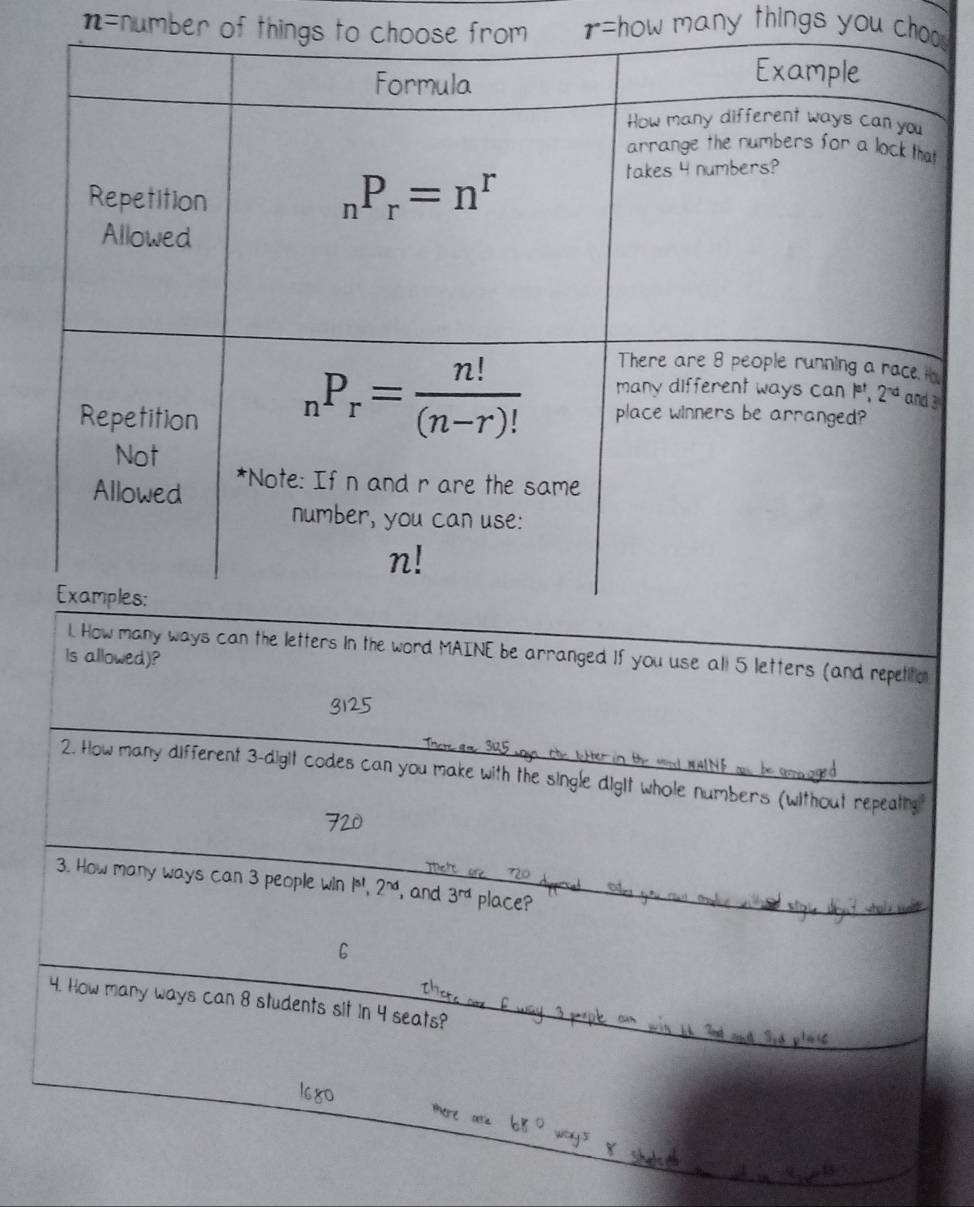 n=number of things to choose from r=how many things you chos
ays can the letters in the word MAINE be arranged If you use all 5 letters (and repetitio
Is allowed)?
2. How many different 3-digit codes can you make with the single digIt whole numbers (without repeatng"
3. How many ways can 3 people win l^(st),2^(nd) , and 3^(rd) place?
6
4. How many ways can 8 students sit in 4 seats?