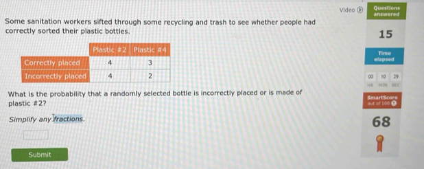 Video Questions 
Some sanitation workers sifted through some recycling and trash to see whether people had answered 
correctly sorted their plastic bottles.
15
Time 
elapsed
0 10 29
SEc 
What is the probability that a randomly selected bottle is incorrectly placed or is made of 
plastic # 2? out of 100 Ω SmartScore 
Simplify any fractions.
68
Submit