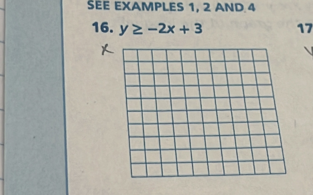 SEE EXAMPLES 1, 2 AND 4
16. y≥ -2x+3 17