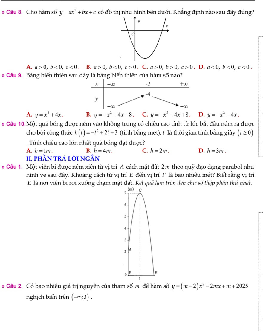 » Câu 8. Cho hàm số y=ax^2+bx+c có đồ thị như hình bên dưới. Khẳng định nào sau đây đúng?
A. a>0,b<0,c<0</tex> . B. a>0,b<0,c>0 · C. a>0,b>0,c>0. D. a<0,b<0,c<0.
Câu 9. Bảng biến thiên sau đây là bảng biến thiên của hàm số nào?
A. y=x^2+4x. B. y=-x^2-4x-8 C. y=-x^2-4x+8. D. y=-x^2-4x.
* Câu 10.Một quả bóng được ném vào không trung có chiều cao tính từ lúc bắt đầu ném ra được
cho bởi công thức h(t)=-t^2+2t+3 (tính bằng mét), t là thời gian tính bằng giây (t≥ 0). Tính chiều cao lớn nhất quả bóng đạt được?
A. h=1m. B. h=4m. C. h=2m. D. h=3m.
II. phầN trả lời nGắn
* Câu 1. Một viên bi được ném xiên từ vị trí A cách mặt đất 2m theo quỹ đạo dạng parabol như
hình vẽ sau đây. Khoảng cách từ vị trí E đến vị trí F là bao nhiêu mét? Biết rằng vị trí
E là nơi viên bi rơi xuống chạm mặt đất. Kết quả làm tròn đến chữ số thập phân thứ nhất.
7 (m) C
6
5
4
3 
2 A
o F E
1
* Câu 2. Có bao nhiêu giá trị nguyên của tham số m để hàm số y=(m-2)x^2-2mx+m+2025
nghịch biến trên (-∈fty ;3).